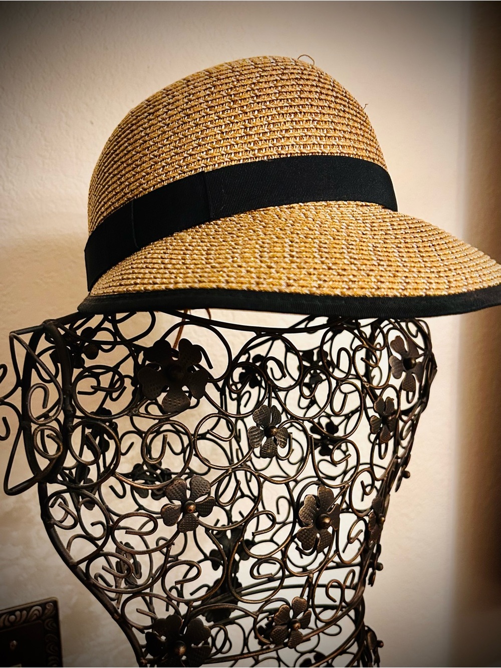 Vince Camuto Tan Straw Cloche with Black Band